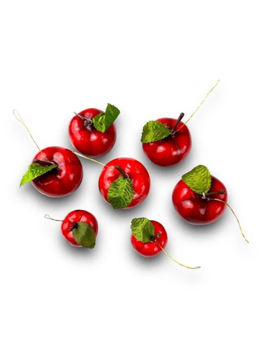 Set Of 7 Faux Red Apple Ornaments With Green Leaves & Stems For Seasonal Decor O